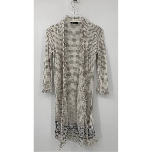 NIC+ZOE Open front cardigan sweater textured fringe gray white stripe linen XS - Picture 1 of 5